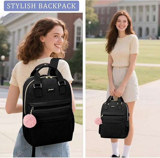 School Backpack for Girls Laptop Bookbag: Casual Corduroy Women Backpacks with USB Charging Port TSA Friendly Travel Back Pack with Anti-Theft Pockets Cute College Daypack for Teen Students Black