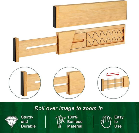4 Pack Bamboo Drawer Dividers, Adjustable Length from 12 Inch to 17 Inch, Expandable Kitchen Drawer Organizer, Drawer Organization Separators for Clothes, Kitchen, Bedroom, Dresser, Office (Beige)