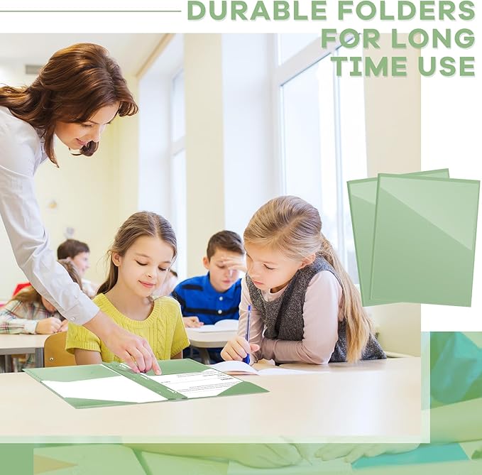 Henoyso 36 Pcs Plastic Folder with Clear Front Pocket and 3 Prong Plastic Folders with Card Slot Pocket Folders with Prongs for School Office (Sage Green)