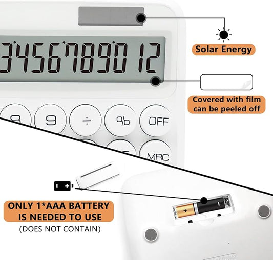White Calculator, Standard Calculator 12 Digit with Large LCD Display and Big Buttons,White Office Supplies and Desk Accessories,Cute Calculator for Home, Office, School, Class and Business