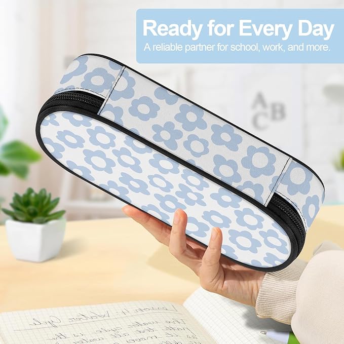 Blue Retro Floral Large Pencil Pouch Big Capacity Cute Pencil Case for Girls Boys Teen Women Men Adult, Portable Kids Pencil Bag with Zipper,Stationery Storage Pen Bag for School Office Organizer