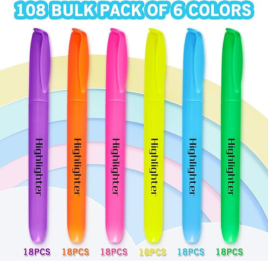 Highlighters, Chisel Tip Dry-Quickly Highlighter Markers, 108 Count-6 Assorted Colors Highlighters Bulk Pack for Adult Kids, Office Classroom Must Have, School Supplies for Teachers
