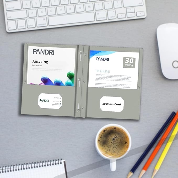 Two Pocket Folders, PANDRI 30 Pack Two Pocket Folders with Prongs, 3 Prong Folders Designed for Office and Classroom, Letter Size Grey