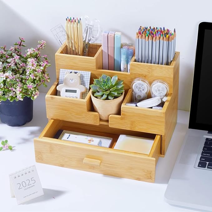 Bamboo Desk Organizer - Makeup & Pen Storage with Drawer & Pencil Holder for Office Organization