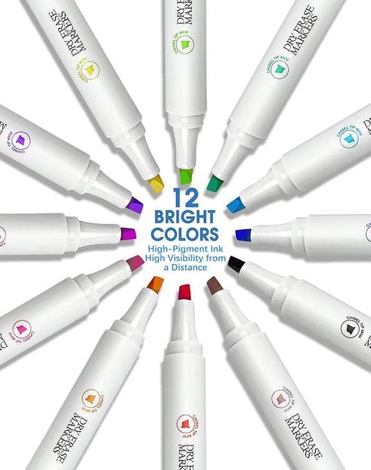 SFAIH Dry Erase Markers Chisel Tip with Magnetic Whiteboard Eraser, 72 Bulk 12 Assorted Colors White Board Markers for Teachers, Versatile Lines, 1s Quickly Dry, Perfect for Classroom and Office