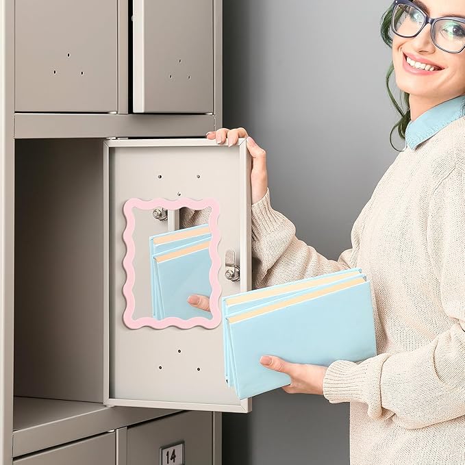 Leinuosen Scalloped Magnetic Locker Mirror 5''x7'' Small Real Glass Makeup Mirror with Magnetic Backing Cute Locker Decorations for Office Cabinet Lockers Accessories(Light Pink)