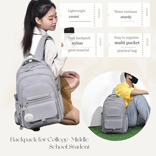 Backpack for Girls Teens, Solid-Color School Backpack for Boys Kids, Aesthetic Bookbag for Middle & High School Travel Daypack,Grey