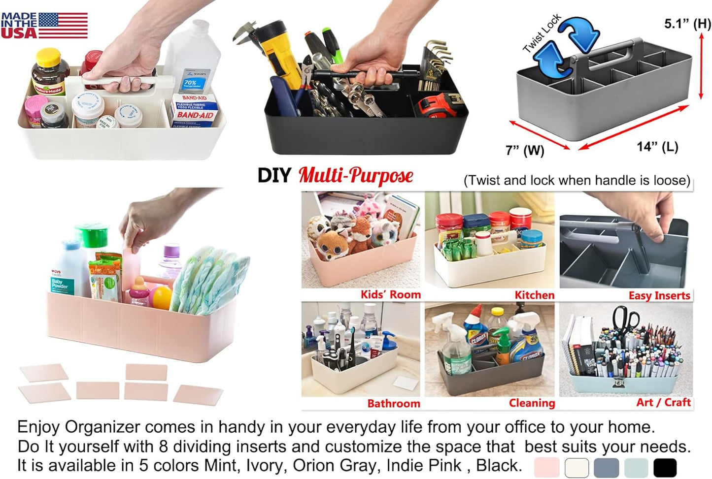 -Large Portable Caddy, DIY Dividers, 8 Compartments, School Office Supplies,Portable Basket with Handle Storage Organizer Modern Made in USA (3 PACK, Mint/Gray/Ivory)