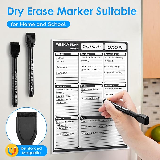 maxtek Magnetic Black Dry Erase Markers, 6 Count Fine Tip Whiteboard Markers with Eraser, Thin Markers Low Odor for Classroom, Office, Home