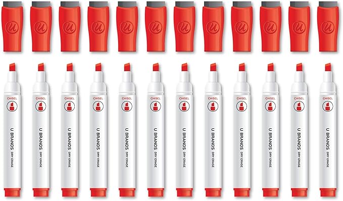 U Brands Fine Tip Dry Erase Markers with Eraser, Whiteboard Markers with Chisel tip, Low Odor, Red, Set of 12