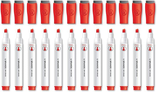 U Brands Fine Tip Dry Erase Markers with Eraser, Whiteboard Markers with Chisel tip, Low Odor, Red, Set of 12