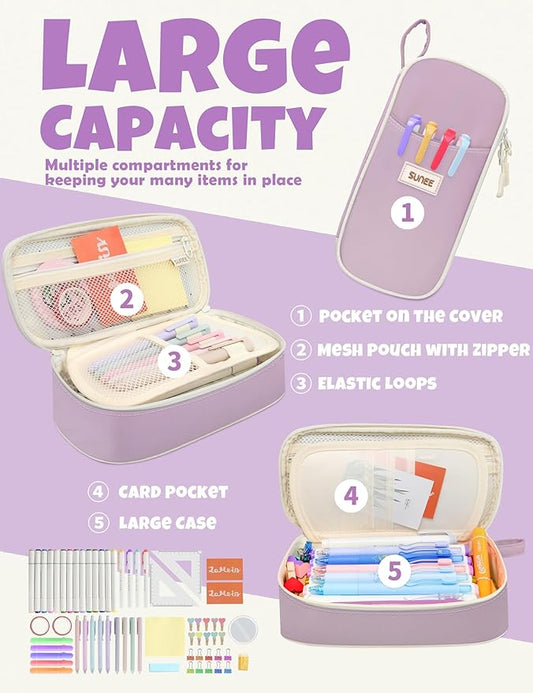 SUNEE Cute Pencil Case, Aesthetic Pen Pouch, Colored Large Pencil Bag with Zipper, Kawaii Stationery Storage and Organizer, Purple School Supplies for Teen and Adult Girls