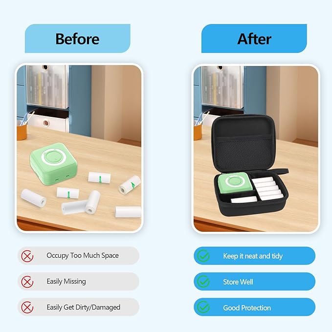 Green Mini Pocket Printer with Black Case, Thermal Printers with 10 Rolls Thermal Paper, Portable Photo Printer for Travelling, Journal, Memo, Photo, Study Notes, Shopping Lists