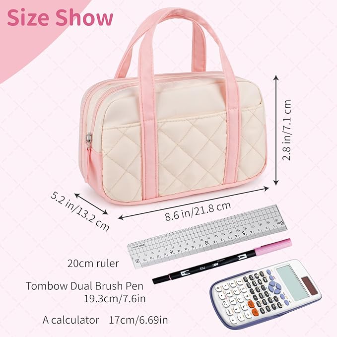 2 Compartment Pencil Case For Girls,Zipper Pencil Bag With Handle, Large Capacity quilting Pencil Pouch Organizer Aesthetic, Womens Soft Pencil Box Marker Pouch For Middle School Office College