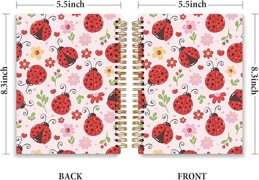 JXREQ Cute Pink Ladybug Floral Notebook Insects Journal for Women Note Taking Writing, Cute School Office Supplies, Preppy Aesthetic Spiral Notebooks 5.5x8.3