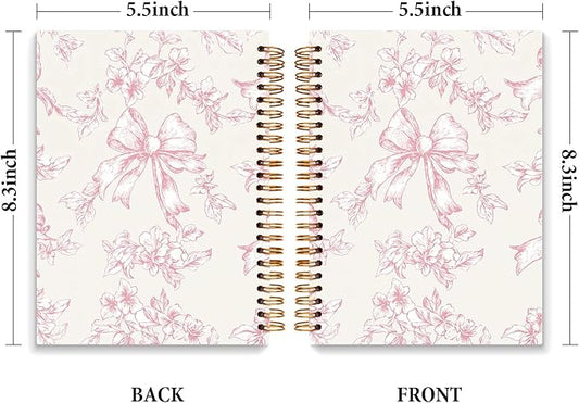 JXREQ Pink Bow Floral Chinoiserie Notebook Journal for Women Note Taking Writing Bible Notes, Coquette Aesthetic Office School Supplies, Girly Spiral Notebooks 5.5x8.3