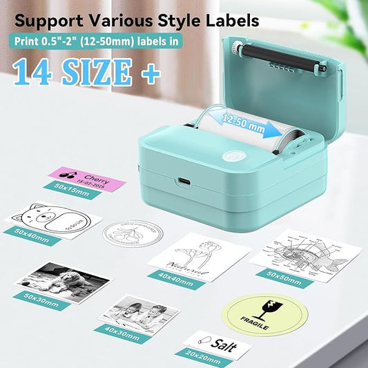 Label Maker Machine with Tape - 14 Sizes (0.47-2") Bluetooth Thermal Label Printer, Mini Sticker Maker for Home,Office,Organization, Portable Sticker Printer Print Pod for Phones(Light Blue)