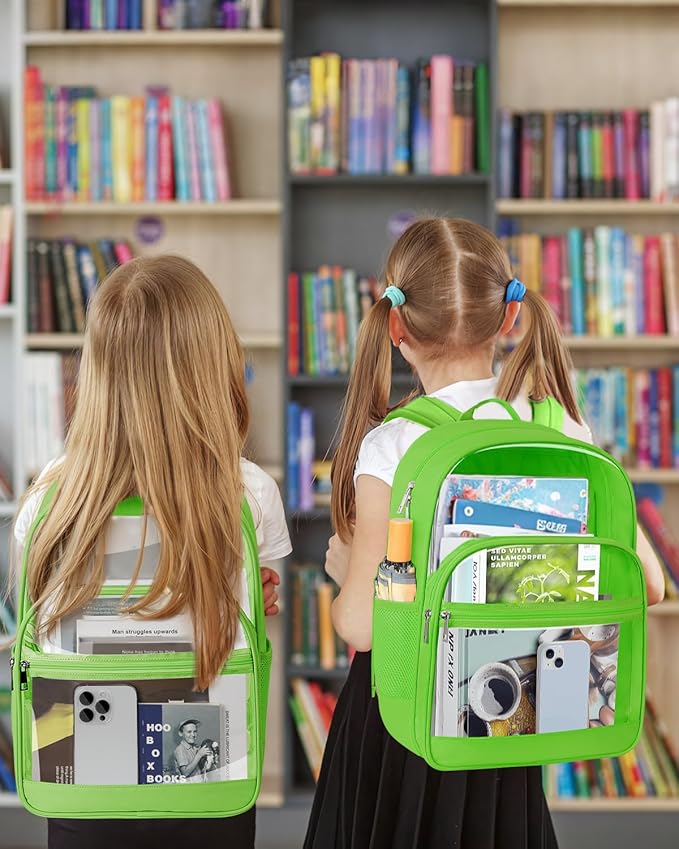 Clear Backpack, Heavy Duty Transparent Bookbag for School, Fabric & PVC Transparent Backpack with Reinforced Strap for Women Men, Capacity Clear Bag for College, Travel, Security, Green