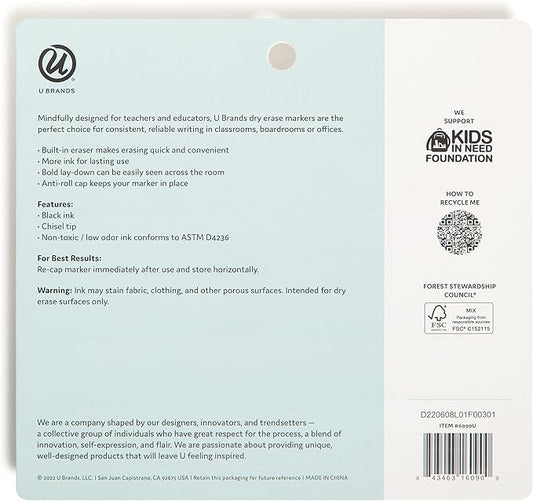 U Brands Fine Tip Dry Erase Markers with Eraser, Whiteboard Markers with Chisel tip, Extra Ink, Low Odor, Black, Set of 5
