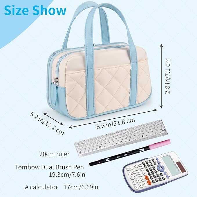 2 Compartment Pencil Case For Girls,Zipper Pencil Bag With Handle, Large Capacity quilting Pencil Pouch Organizer Aesthetic, Womens Soft Pencil Box Marker Pouch For Middle School Office College