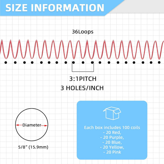RAYSON 15.9mm Spiral Wire Coil Binding, 3:1 Pitch, 5/8" Metal Coils Spiral Binding 140 Sheets Capacity, Multicolor Color & Pack of 100