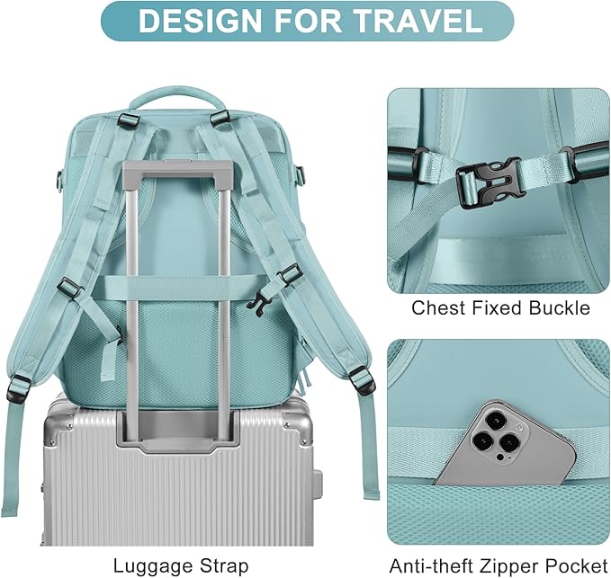 Large Travel Backpack Carry on Flight Approved Mochila De Viaje Carry on Backpack for Airplanes Spirit Airlines Personal Item Bag 18x14x8 Inches Travel Bag Traveling Backpack for Women Men Light Blue