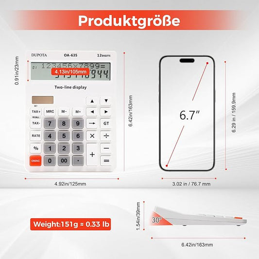 Desk Calculator Large Display Big Buttons with 12 Digits 2-line LCD, Dual Solar Power and Battery Calculators with Tax and Check Function for Office, Home, Accounting and Business Middle Size(OA-635)
