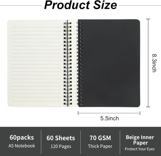 miikoul 60 Packs A5 Spiral Notebooks, Black Ruled Notebooks Bulk, 8.3"×5.5", 60 Sheets/120 Pages, Hardcover Lined Journal Notepad Travel Notebooks for Office and Back to School Supplies