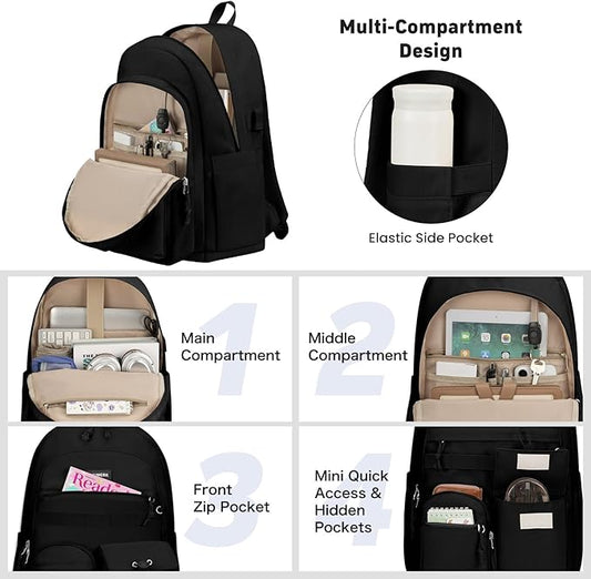 School Laptop Backpack for Girls Boys: Casual Middle High School Backpacks 15.6 Inch College Bookbag with USB Charging Port Waterproof Travel Back Pack Cute Work Book Bag for Teens Students Women Men