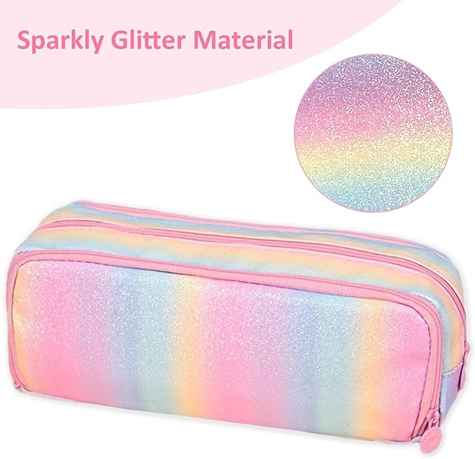 Glitter Rainbow Pencil Case for Girls, Large Capacity Pencil Pouch Pen Bag Organizer with 3 Compartments for Kids Student School Office Supplies, Cute Pencil Holder Pen Box Stationary Bag