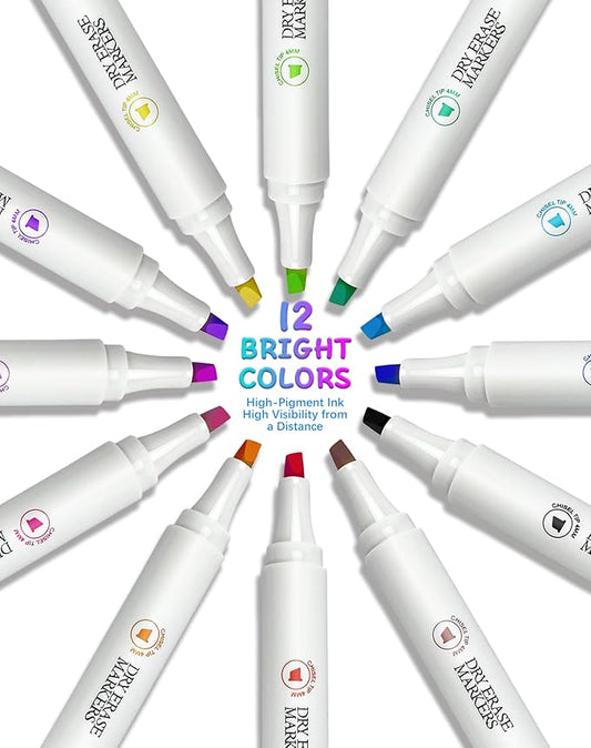 SFAIH Dry Erase Markers Chisel Tip with Magnetic Whiteboard Eraser, 36 Bulk 12 Assorted Colors White Board Markers for Teachers, Versatile Lines, 1s Quickly Dry, Perfect for Classroom and Office
