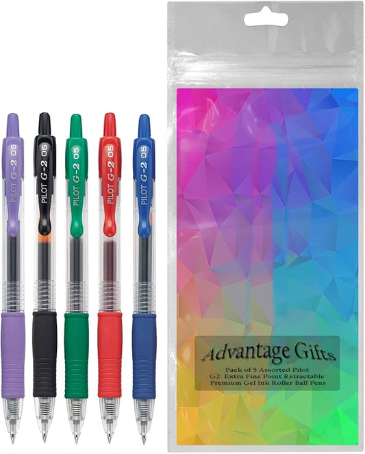 G2 Retractable Premium Gel Ink Roller Ball Pens Extra Fine Point (.5mm) Black/Blue/Red/Green/Purple Ink 5 pack; Refillable & Premium Comfort Grip Bundle with Plastic Reusable Pouch