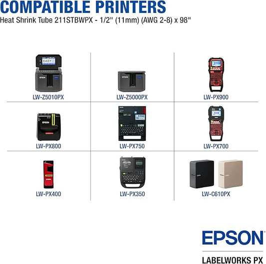 Epson LABELWORKS 211STBWPX Genuine Tape Cartridge - Black on White Shrink Tube Industrial Label Maker Tape - AWG 2-8, 1/2" (11MM) Wide, 8 ft (96")