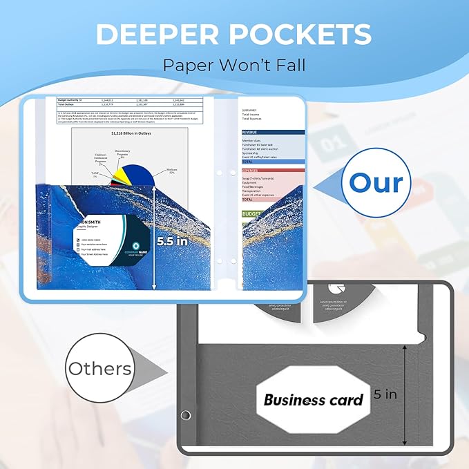 6 Pack Marble Design File Folders with Pockets - Plastic Folder with 2 Pockets & a Business Card Holder, Durable File Folders for Documents, School, Office & Home (Folder with Pockets)