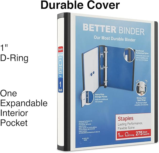 1" STAPLES Better View Binder with D-Rings, White