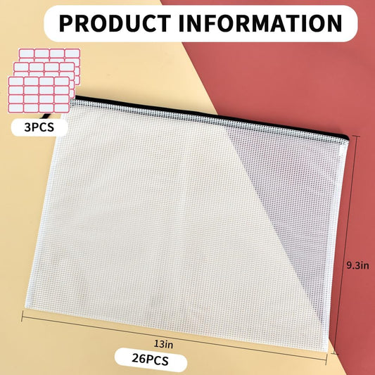 Vuzvuv 26pcs A4 Size 13"x 9.3" Mesh Zipper Pouch Zipper Bags,Document File Folders with Label Sticker,Waterproof Plastic Mesh Bag for File, Makeup, Board Game School Office Home Travel Storage