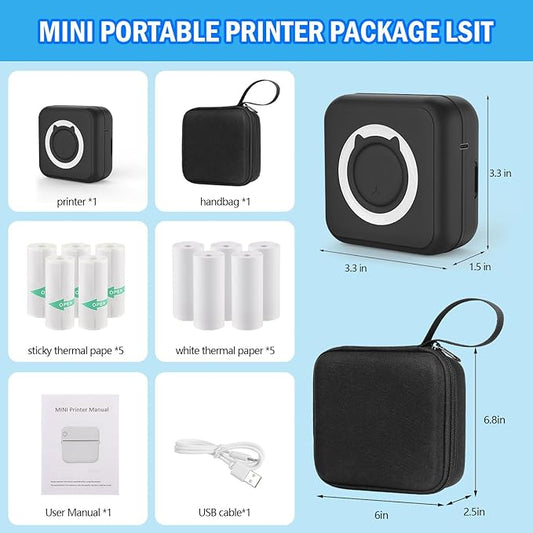 Black Mini Pocket Printer with Black Case, Mini Thermal Printer with 10 Rolls Thermal Paper, Mini Portable Photo Printers for Travelling, Journal, Memo, Photo, Study Notes, Shopping Lists