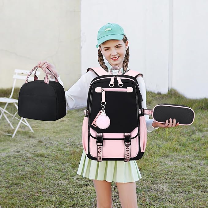 Bevalsa School Backpack for Girls, Backpack with Lunch Box & Pen Case, Bookbag for Girls Kids Elementary Middle High School Student 21L Children Schoolbag