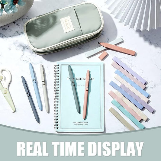 Henoyso 18 Set Aesthetic School Supplies Include Big Capacity Study Pen Bag with Zipper 12 Pcs Chisel Tip Bible Highlighters 5 Pcs Quick Dry Retractable Black Ink Pens for Student Office(Green)