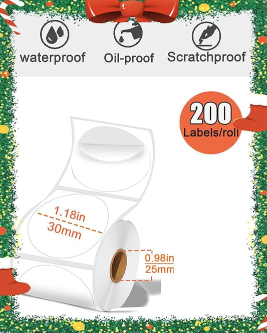 1.18×1.18 Round Thermal Labels for T50M/M110/M108/M220/M260 Label Makers, Self-Adhesive Stickers Thermal Printer Labels for DIY Logo Design, Thanks Card, 200PCS/Roll 30mmx 30mm, White