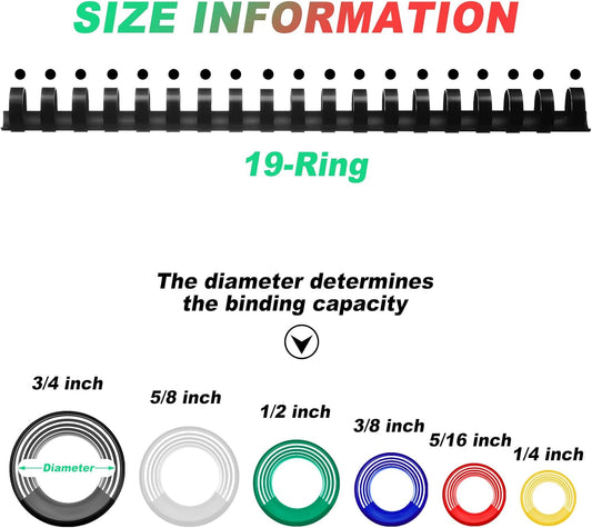 Yunsailing 150 Pack Plastic Binding Combs Plastic Binder Comb Ring 19 Ring Binding Spines Letter Size Spiral coils for Notebook Calendar(1/4 5/16 3/8 1/2 5/8 3/4 in,Multi Colors)