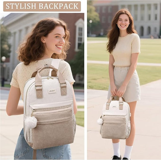 School Backpack for Girls Laptop Bookbag: Casual Corduroy Women Backpacks with USB Charging Port TSA Friendly Travel Back Pack with Anti-Theft Pocket Cute College Daypack for Teen Students Khaki Beige