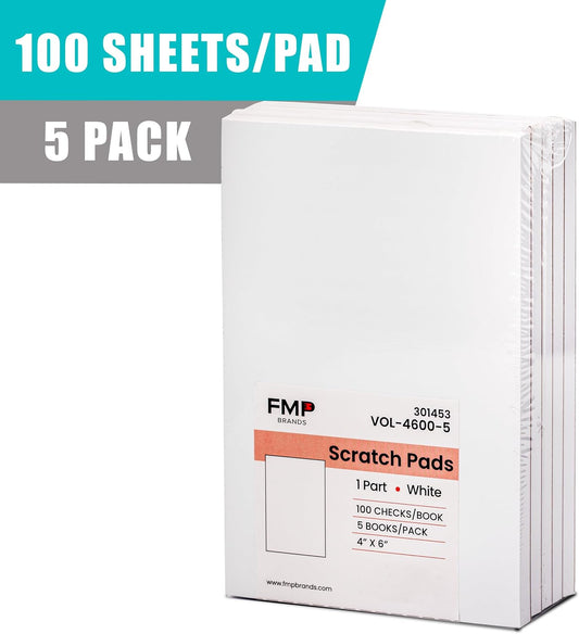 FMP Brands 5 Pack Note Pads 4x6, 100 Sheets Per Memo Pad, Writing Scratch Pad, Blank Notepad, White Waitress Server Note Pads, Paper Pad, To Do Grocery List Small Notepads