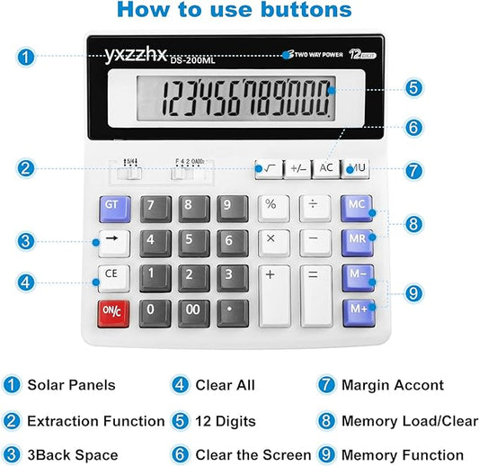 Desk Calculator 12 Digit Extra Large 4.3-Inch LCD Display, Two Way Power Battery and Solar Calculators Desktop, Big Buttons Easy to Press Used as Office Calculators for Desk White