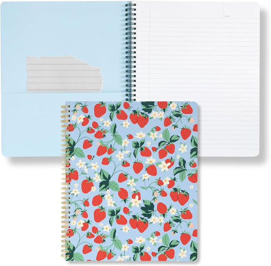 ban.do Floral Rough Draft Large Spiral Notebook, 11" x 9" with Pockets and 160 College Ruled Pages, Strawberry Fields
