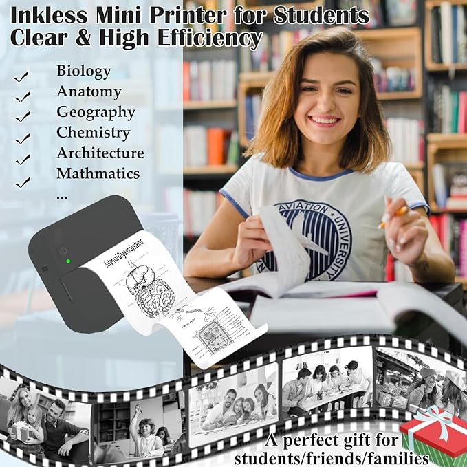 Mini Thermal Inkless Sticker Printer with 14 Rolls Paper, Compatible with iPhone/Android Phone/Tablet, Mini Pocket Printer for Photos/Stickers/Labels/Notes, Black