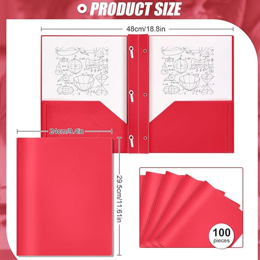 Lincia 100 Pcs Plastic Folders with Pockets and Prong Folders with Prongs Plastic Folders with 2 Pockets Pocket Folders for Office, School for Students, Teachers, Office Workers (Red)
