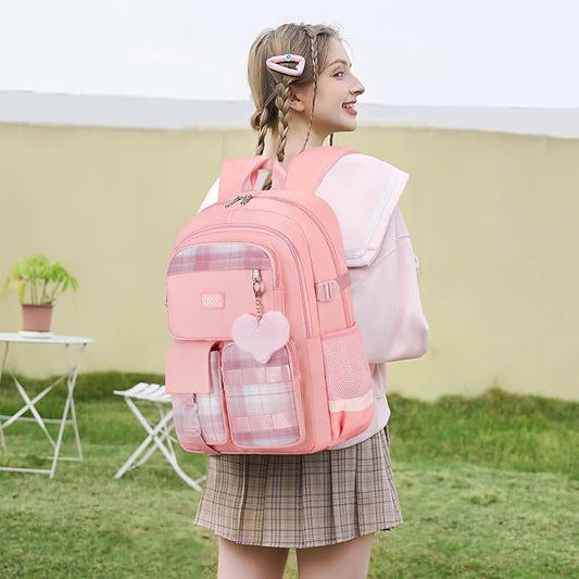 3PCS Student Backpack For School Women College Middle High Teen Girls Bookbag Waterproof Laptop Bag Plaid Pink