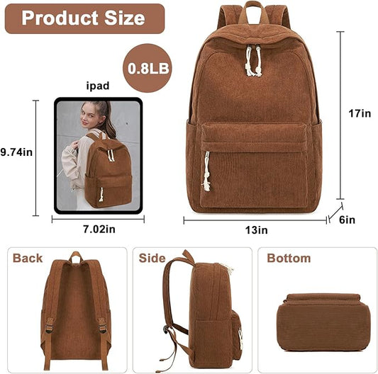 School Backpack for Teens Large Corduroy Bookbag Lightweight 15.6 inch Laptop Bag for Girls Women Casual High School College