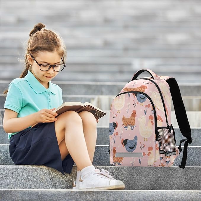 Chickens and Flowers Backpack for Girls Kids Boys School Bookbags,Student Laptop Backpack Carrying Bag Casual Lightweight Travel Sports Day Packs